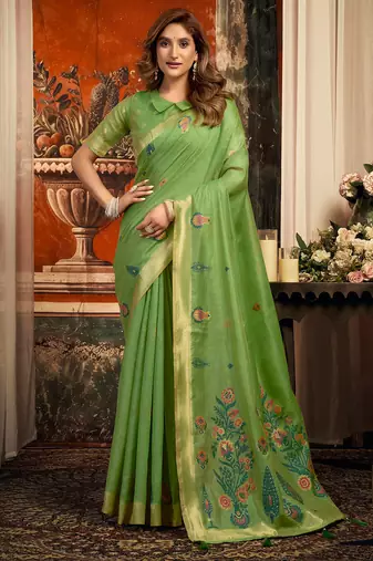 Parrot green cotton zari border with tassels saree with blouse