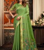 Parrot green cotton zari border with tassels saree with blouse