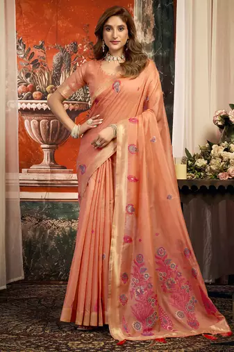 Peach cotton zari border with tassels saree with blouse