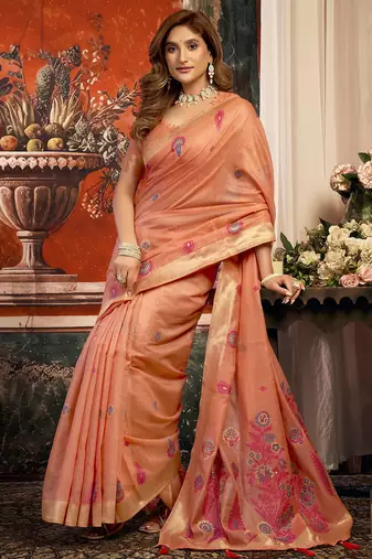 Peach cotton zari border with tassels saree with blouse