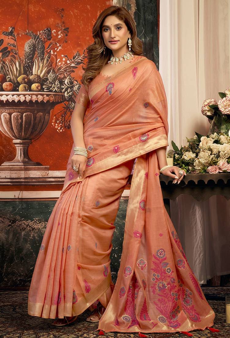 Peach cotton zari border with tassels saree with blouse