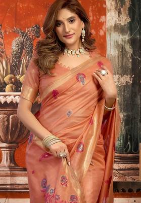Peach cotton zari border with tassels saree with blouse 3