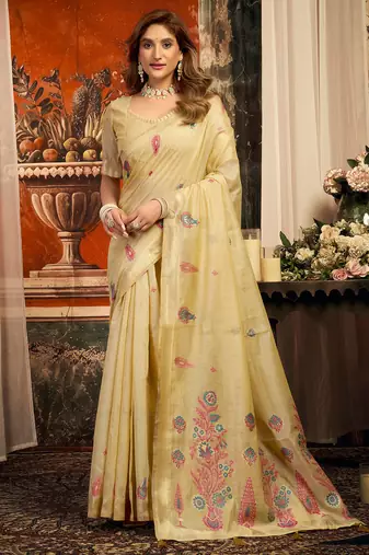 Cream cotton zari border with tassels saree with blouse