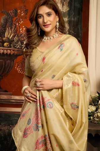 Cream cotton zari border with tassels saree with blouse