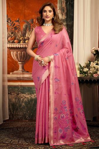 Pink cotton zari border with tassels saree with blouse