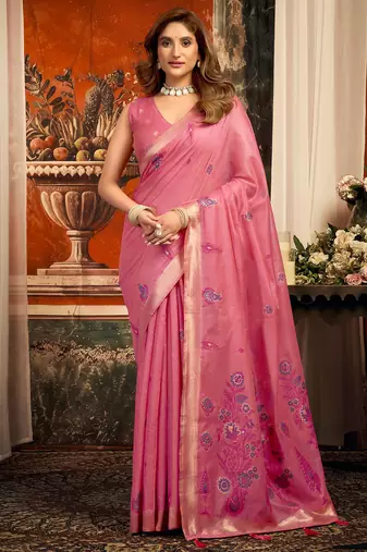 Pink cotton zari border with tassels saree with blouse