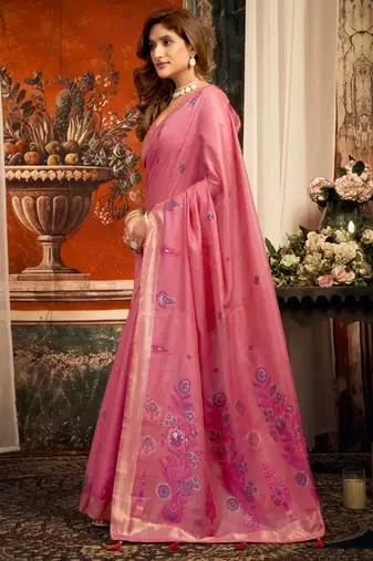 Pink cotton zari border with tassels saree with blouse