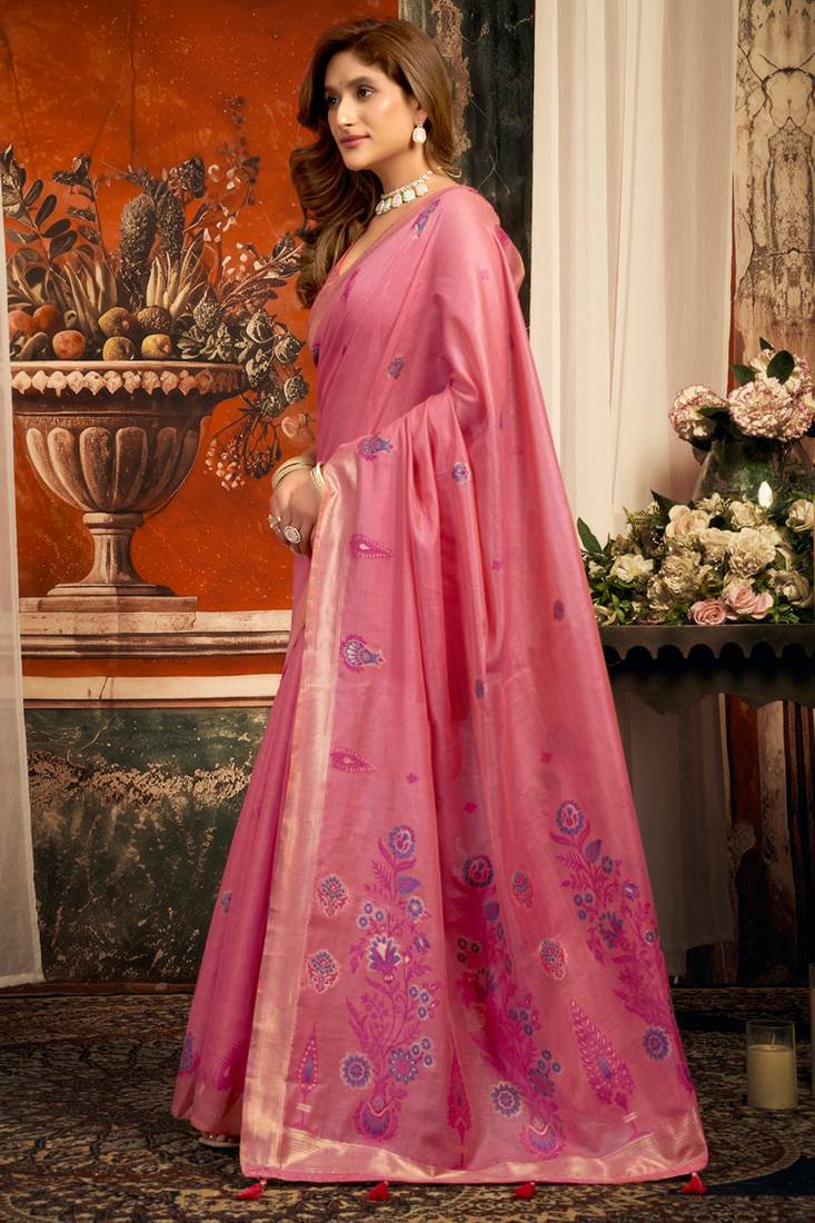 Pink cotton zari border with tassels saree with blouse