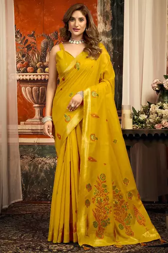 Mustard cotton zari border with tassels saree with blouse