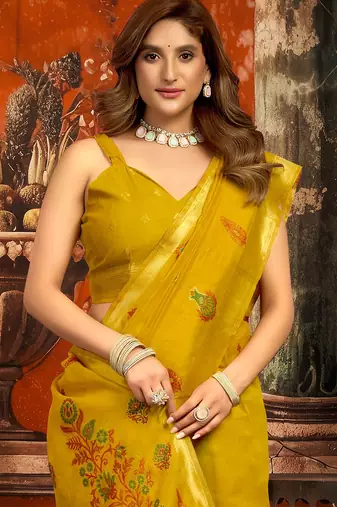 Mustard cotton zari border with tassels saree with blouse