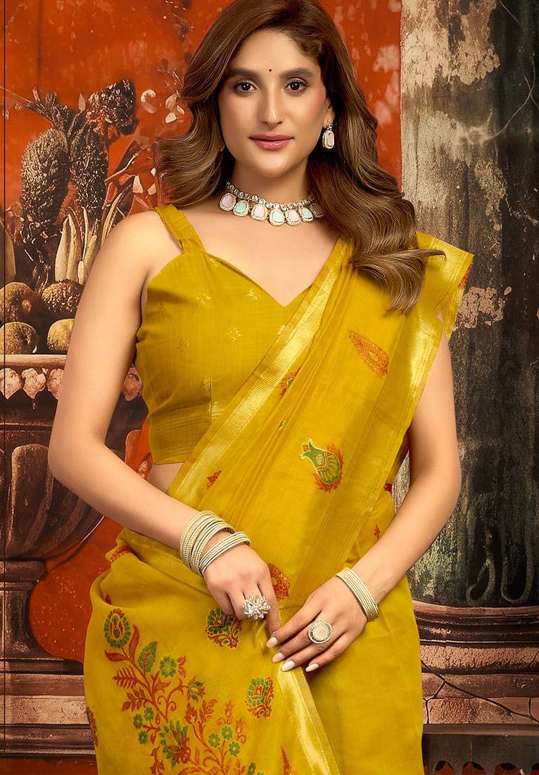 Mustard cotton zari border with tassels saree with blouse
