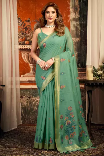 Sea green cotton zari border with tassels saree with blouse