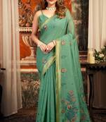 Sea green cotton zari border with tassels saree with blouse
