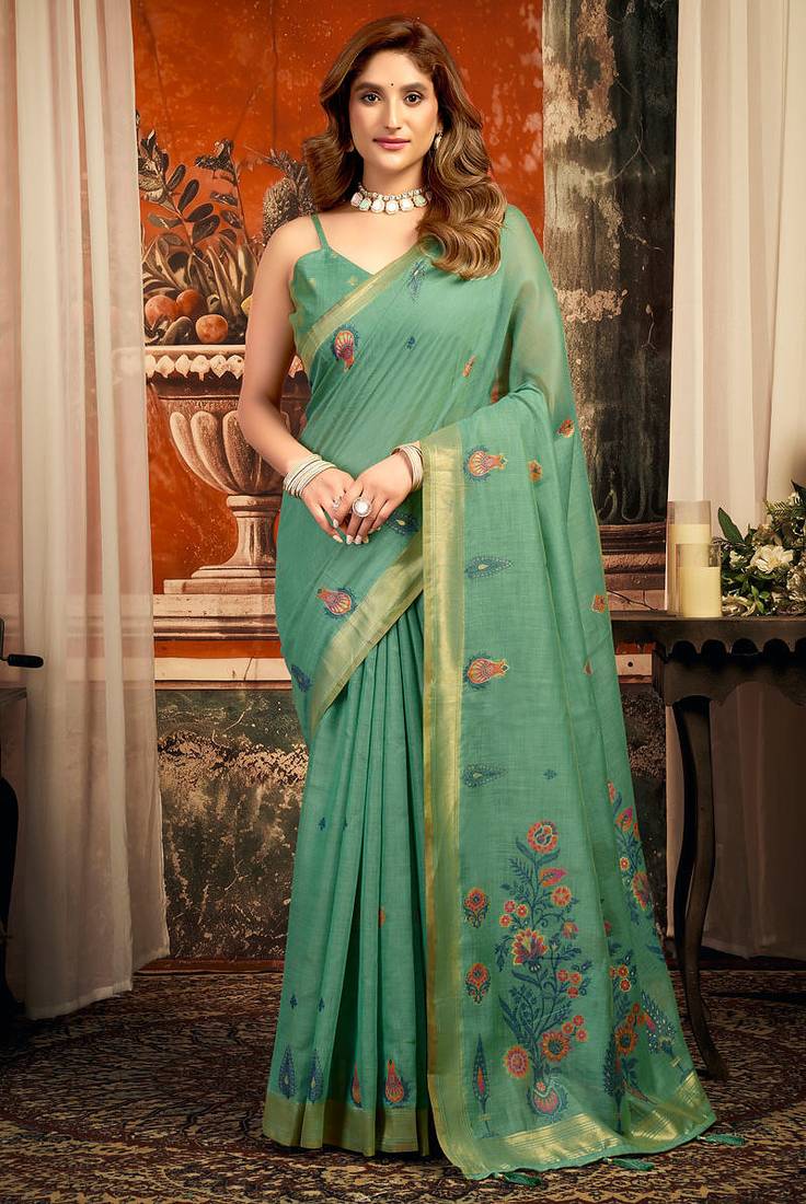 Sea green cotton zari border with tassels saree with blouse