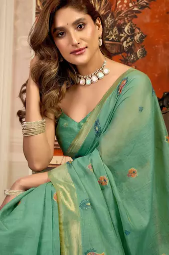 Sea green cotton zari border with tassels saree with blouse