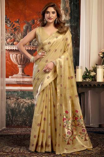 Cream silk blend paithani woven saree with blouse