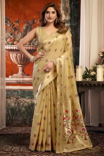 Cream silk blend paithani woven saree with blouse