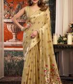 Cream silk blend paithani woven saree with blouse
