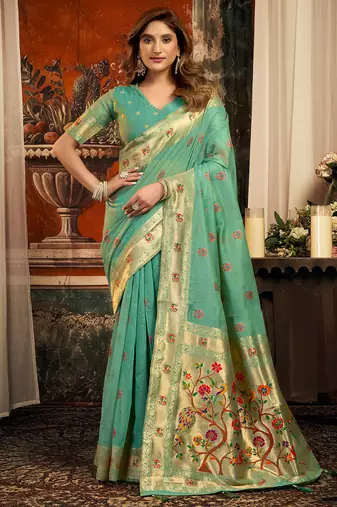 Sea green silk blend paithani woven saree with blouse
