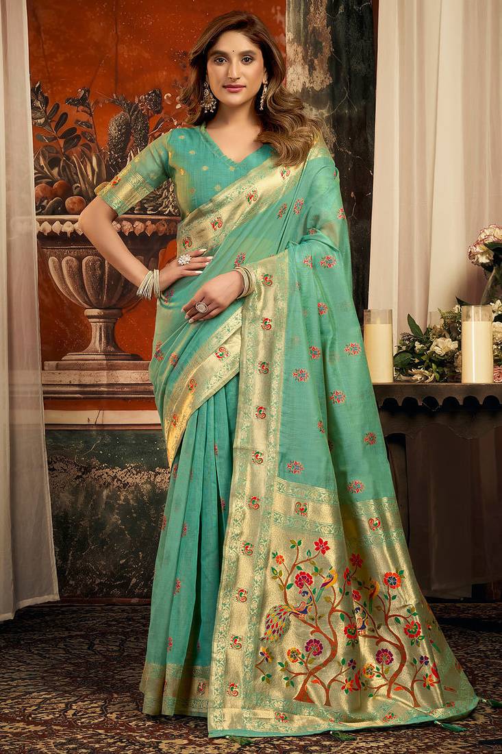 Sea green silk blend paithani woven saree with blouse