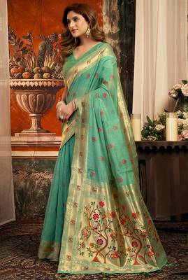 Sea green silk blend paithani woven saree with blouse 2