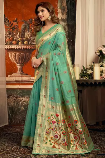 Sea green silk blend paithani woven saree with blouse