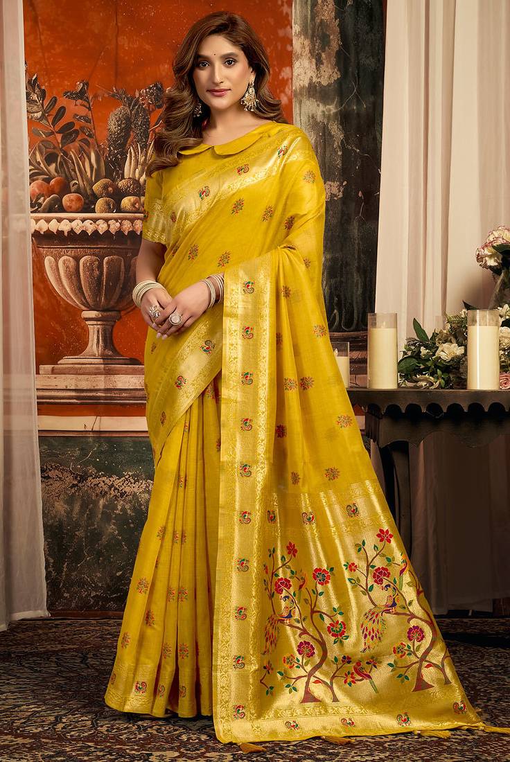 Mustard silk blend paithani woven saree with blouse