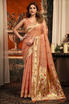 Peach silk blend paithani woven saree with blouse 1