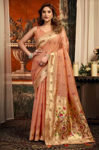 Peach silk blend paithani woven saree with blouse