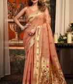 Peach silk blend paithani woven saree with blouse