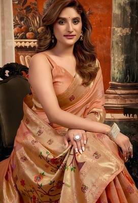 Peach silk blend paithani woven saree with blouse 2