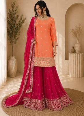 Premium faux georgette embroidered kurti plazo set with designer dupatta 1