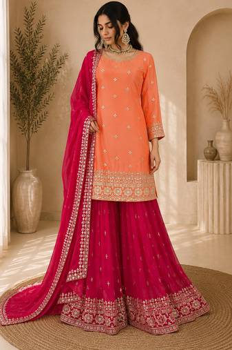 Premium faux georgette embroidered kurti plazo set with designer dupatta