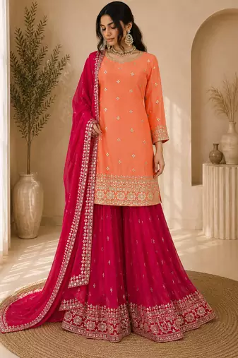 Premium faux georgette embroidered kurti plazo set with designer dupatta