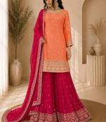 Premium faux georgette embroidered kurti plazo set with designer dupatta