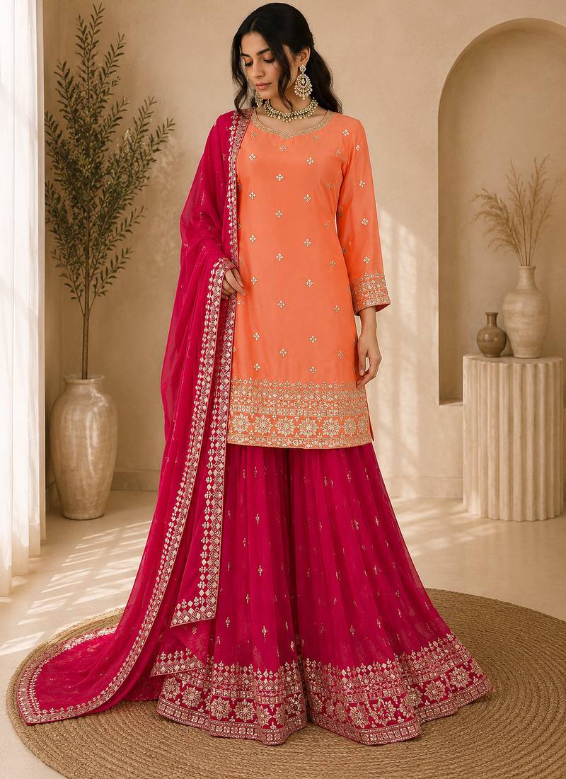 Premium faux georgette embroidered kurti plazo set with designer dupatta