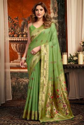 Parrot green silk blend paithani woven saree with blouse 1