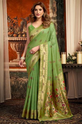 Parrot green silk blend paithani woven saree with blouse