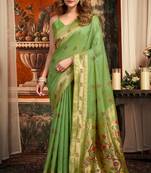Parrot green silk blend paithani woven saree with blouse