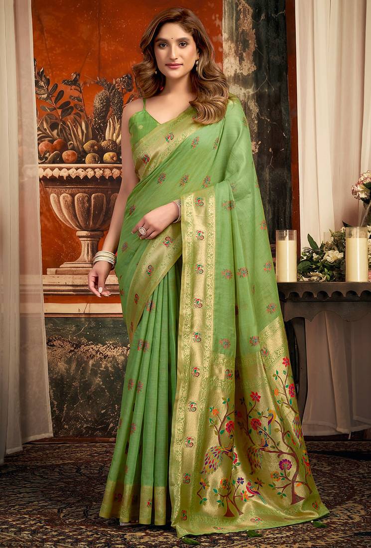 Parrot green silk blend paithani woven saree with blouse
