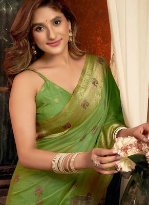 Parrot green silk blend paithani woven saree with blouse 2