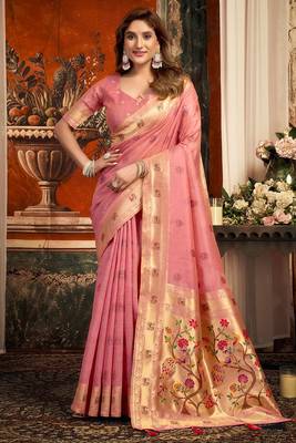 Pink silk blend paithani woven saree with blouse 1
