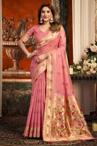 Pink silk blend paithani woven saree with blouse