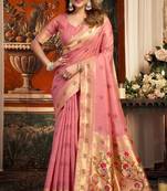 Pink silk blend paithani woven saree with blouse