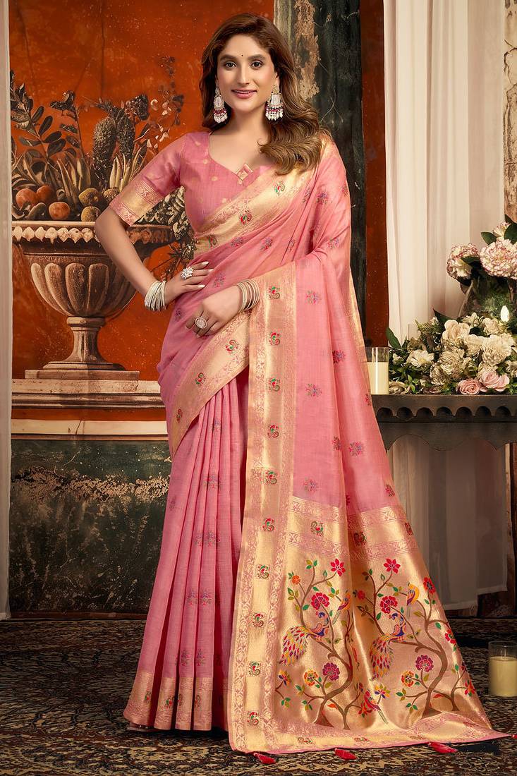 Pink silk blend paithani woven saree with blouse