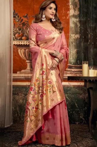 Pink silk blend paithani woven saree with blouse