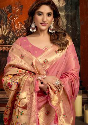 Pink silk blend paithani woven saree with blouse 3