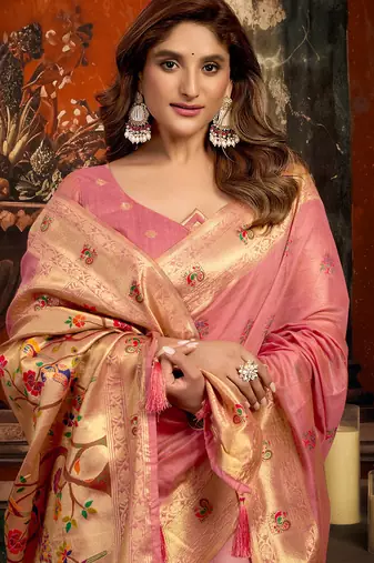 Pink silk blend paithani woven saree with blouse