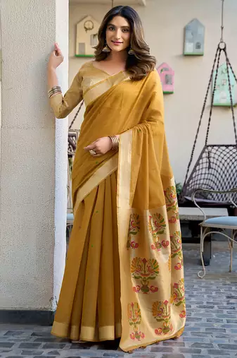 Mustard cotton jacquard woven with zari border & tassels saree with blouse