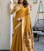 Mustard cotton jacquard woven with zari border & tassels saree with blouse